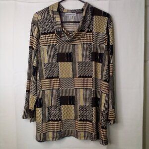 Southern Lady Blouse Women XL Long Sleeve Cowl Neck Pattern Brown